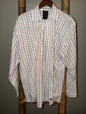 Men's White Plaid Dress Shirt with Purple and Tan Checks